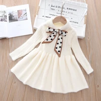 autumn winter girls knit sweater dress fashion polka dot bow silk scarf lapel long sleeve white dress girl korean princess dress