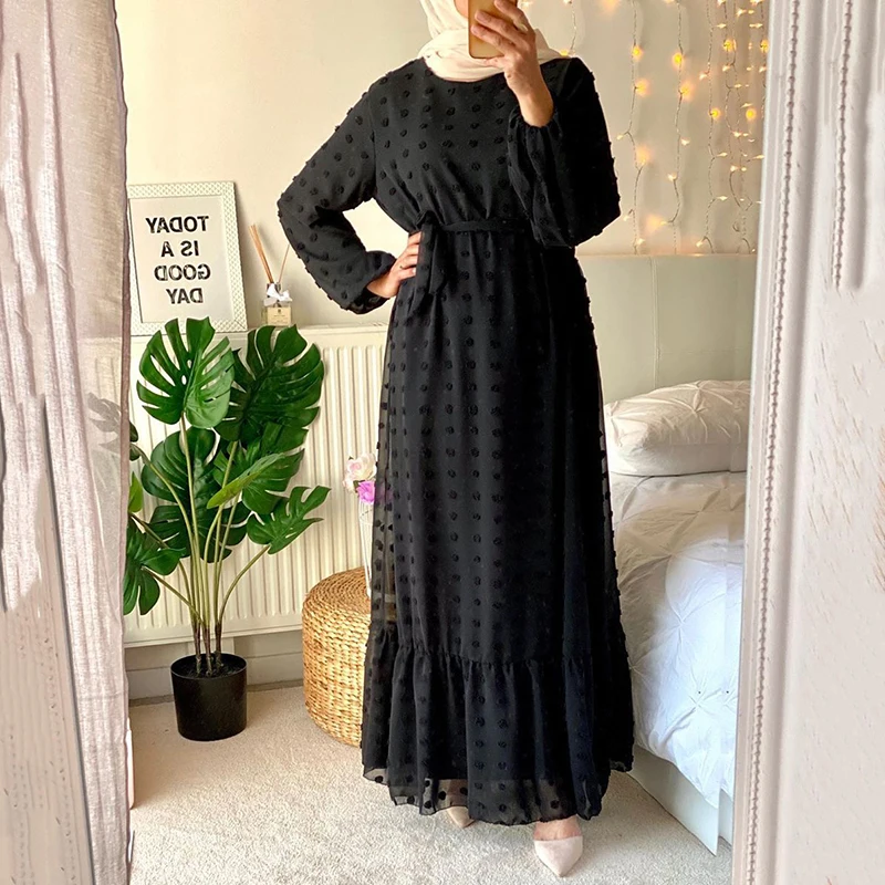 Chiffon Jacquard Ramadan Women Dress 2022 With Belt Dubai Abaya Middle East Plus Size Maxi Modest Muslim Long Arabian Dresses