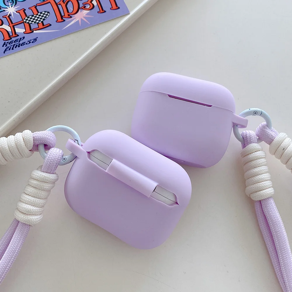 Фото Лавандово-фиолетовый матовый силиконовый чехол для наушников AirPods Pro 2 с веревкой против потери для AirPods 1 2 3 4 Мягкий чехол Funda №5