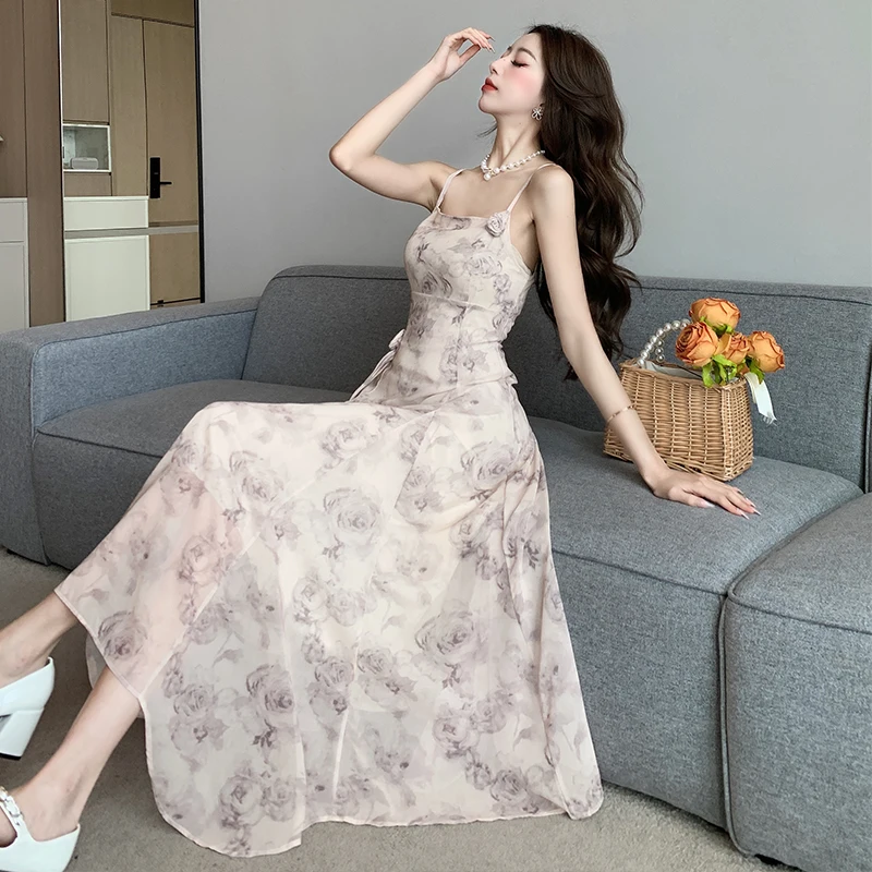 

Винтажные шифоновые платья-миди для женщин, лето 2023, женский сарафан на бретелях-спагетти с французским принтом, облегающая вечерняя одежда...
