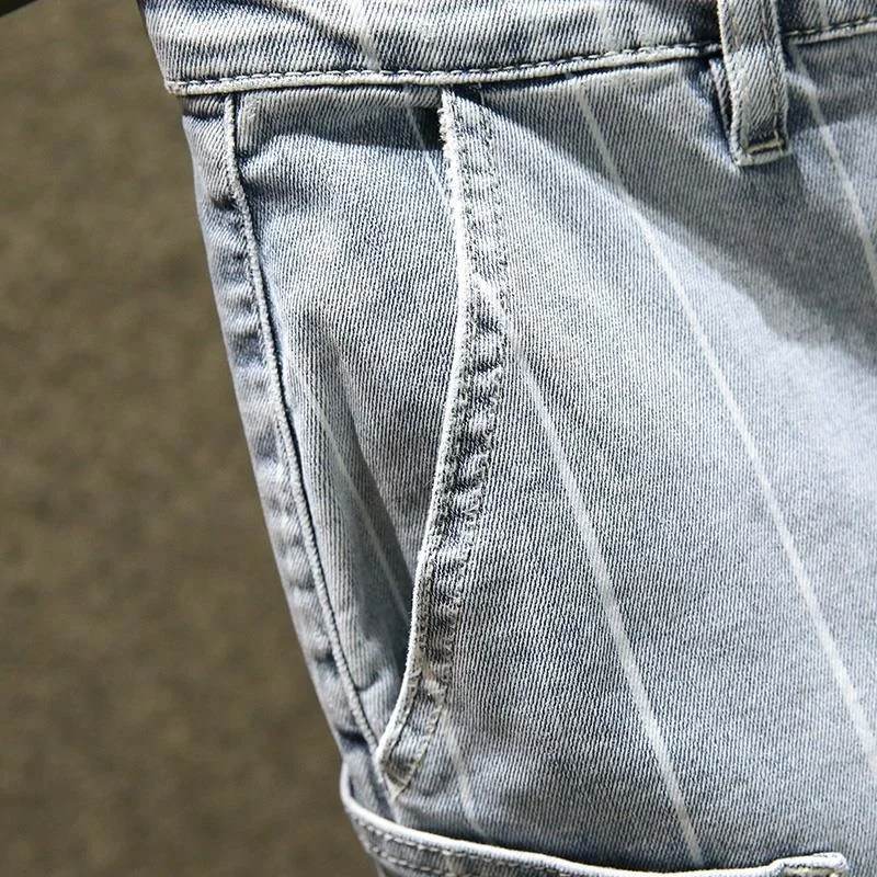 Мужские летние джинсовые шорты в полоску облегающие укороченные брюки бриджи с