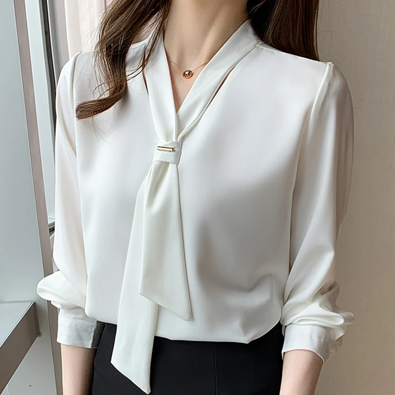 

Long Sleeve White Blouse Bow V-neck Chiffon Blouse Shirt Women Tops Blouse Women Blusas Mujer De Moda 2021 Women Blouses E367