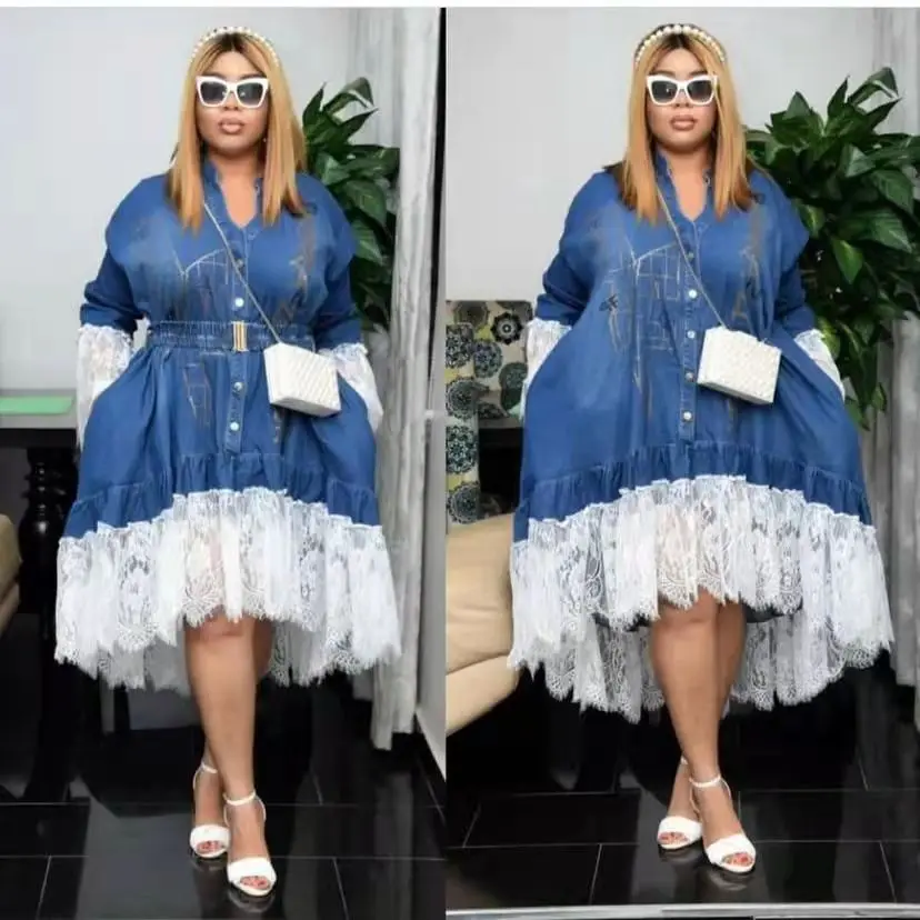 

Bodyconclothes Woman's Elegant Dress Female Lace Stitching Denim Dress Letter Printed Skirt for Women Africa Clothing with Belt