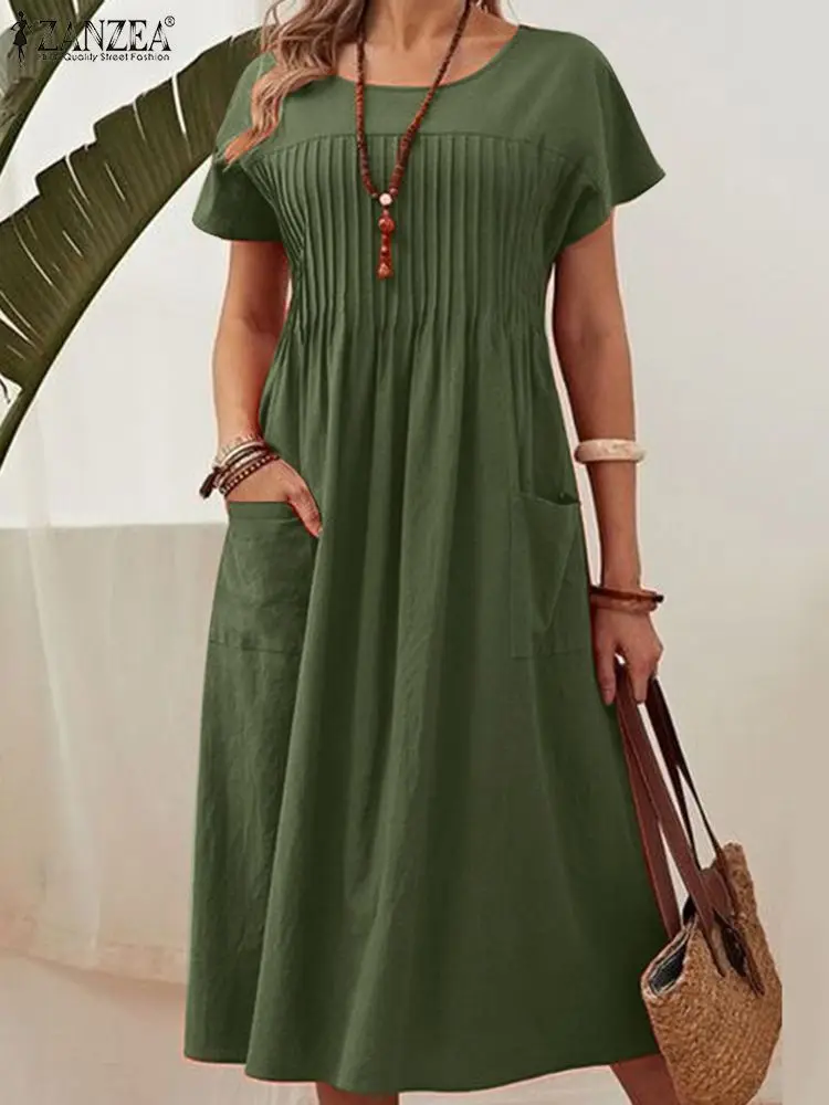 

2023 ZANZEA Fashion Short Sleeve Dress Woman Summer Solid Color Sundress O-Neck Vintage Loose Dresses Female OL Work Vestidos