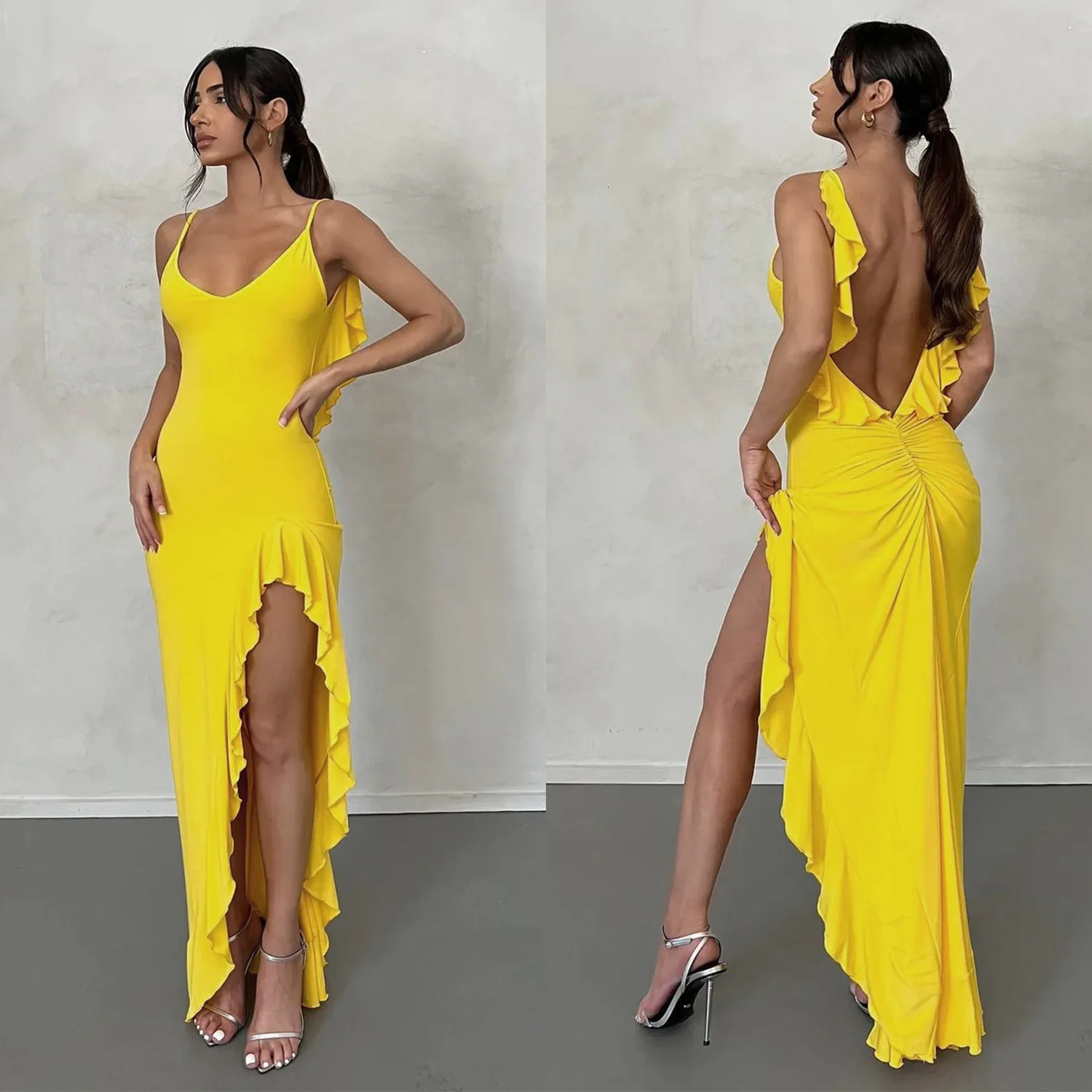 

Ladies Spring Summer Sexy Straps Yellow Dress Women Sexy Side Split Ruffles Backless Vacation Dresses Female Long Prom Dress