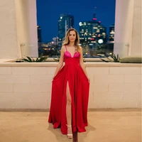 sexy fuchisia and red satin prom dress new spaghetti strap a line high slit long evening dresses for women robes de soir%c3%a9e