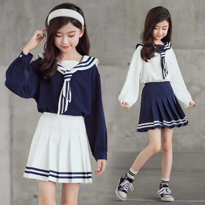 

teen Girls Striped School Uniform Suit Set 2022 Children Spring autumn College Shirt Pleated Skirts Outfits Kids Clothes suit