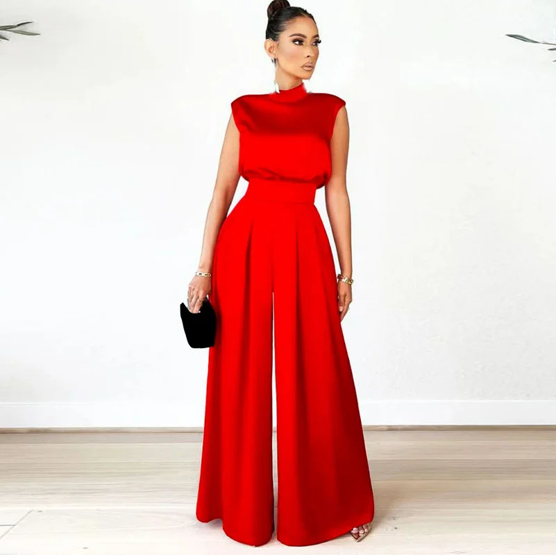 

WUHE Solid Sleeveless Elegant Women Rompers Wide Leg One Piece Jumpsuits 2022 Summer Office Lady Workout Activewear Playsuits