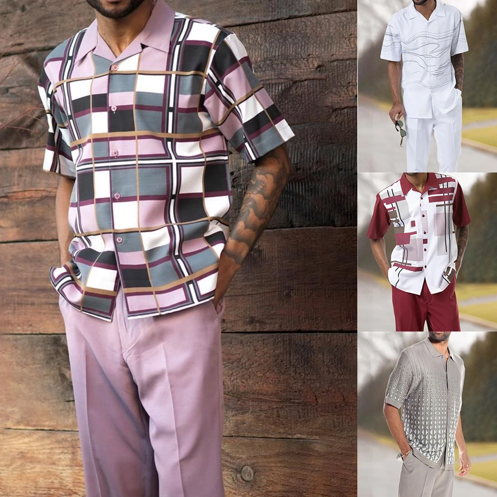 Casual Hawaiian Shirt Suit Men's Summer Vacation Beach Style Print Contrast Color Short-sleeved Shirt Trousers Two-piece Set