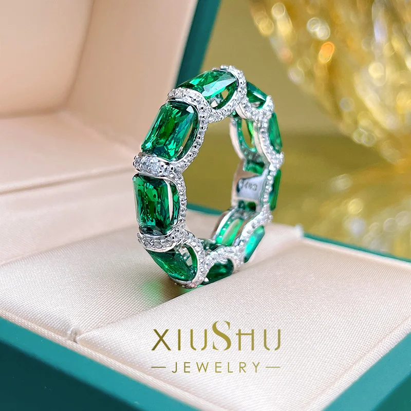 

New Emerald Row Diamond Full Diamond Ring Index Finger Female Fashion Sense Of High Grade 925 Sterling Silver High Carbon Diamon