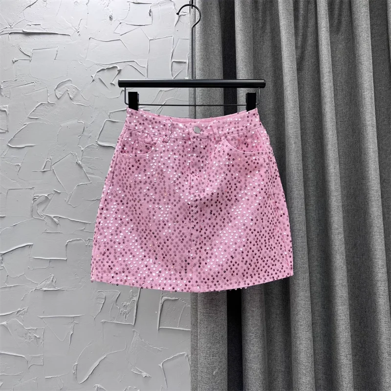 

Heavy Sequin Denim Skirt Women A-line Skirt Fashion High Waist Mini Skirts Pink Skirts Mujer Summer Clothes