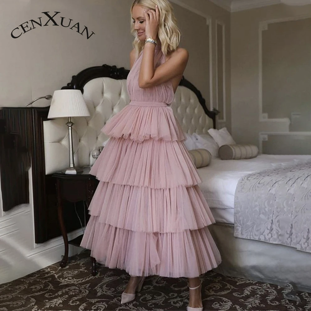 

Cenxuan Tulle Modern Halter Tiered Dress Backless Sleeveless Pleat A-Line Evening Gowns For Women Made To Order Robes De Soirée