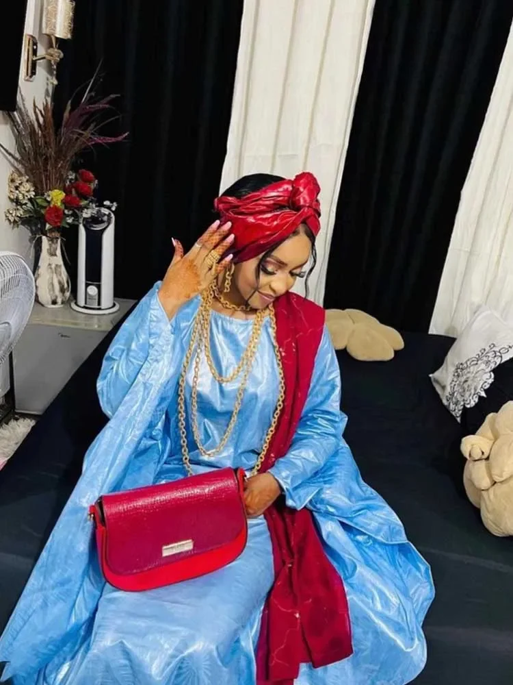 Базин богатый Дашики длинное платье с шарфом-Африканская церемония наряд