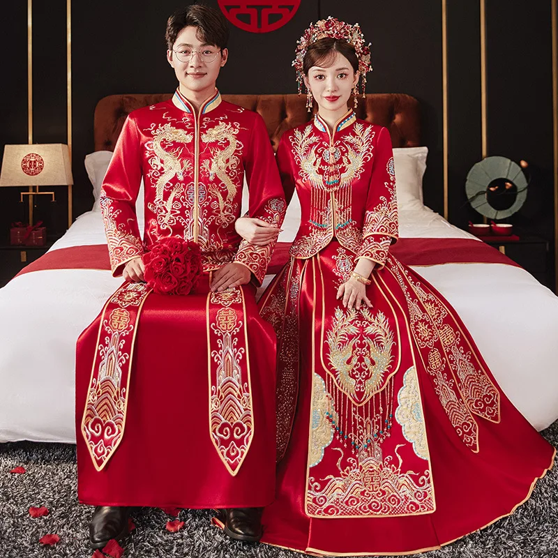 Gorgeous Golden Red Satin XiuHe Suit Traditional Chinese Style Women Wedding Dress Beading Rhinestone Long Sleeves Bride Set
