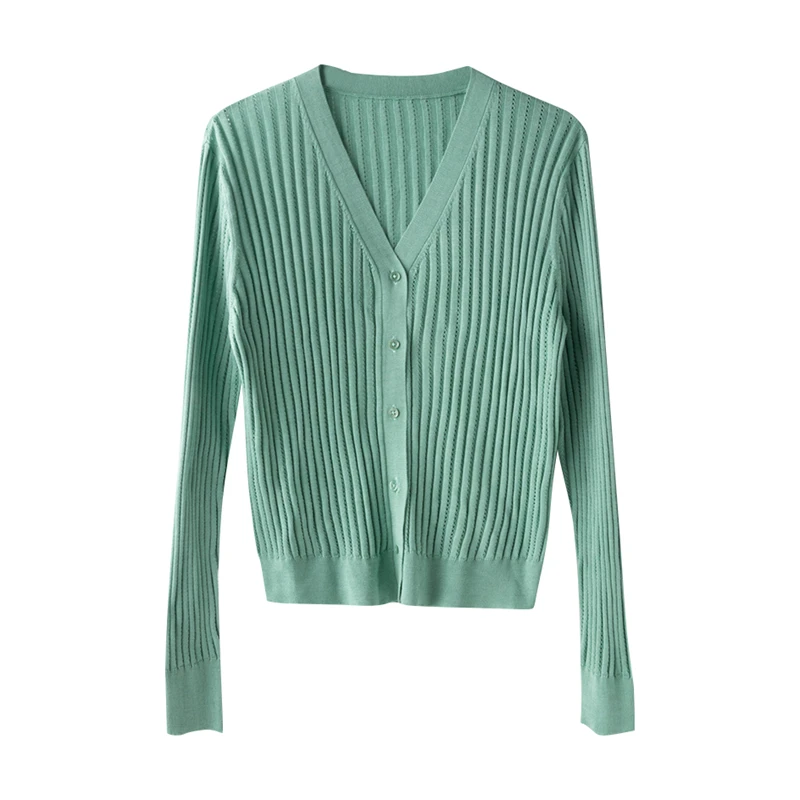 

Cardigan Women 100% Silk Knitted Deep V Neck Long Sleeves Single-breasted Thin Solid 5 Colors High Quality Sweater New Fashion