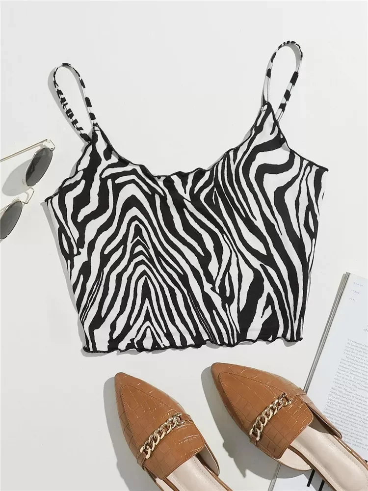 

Y2K Summer Black and White Zebra Pattern Cute Cami Crop Top Women Grunge Vintage Sexy Print Ruched Backless Spaghetti Strap Top