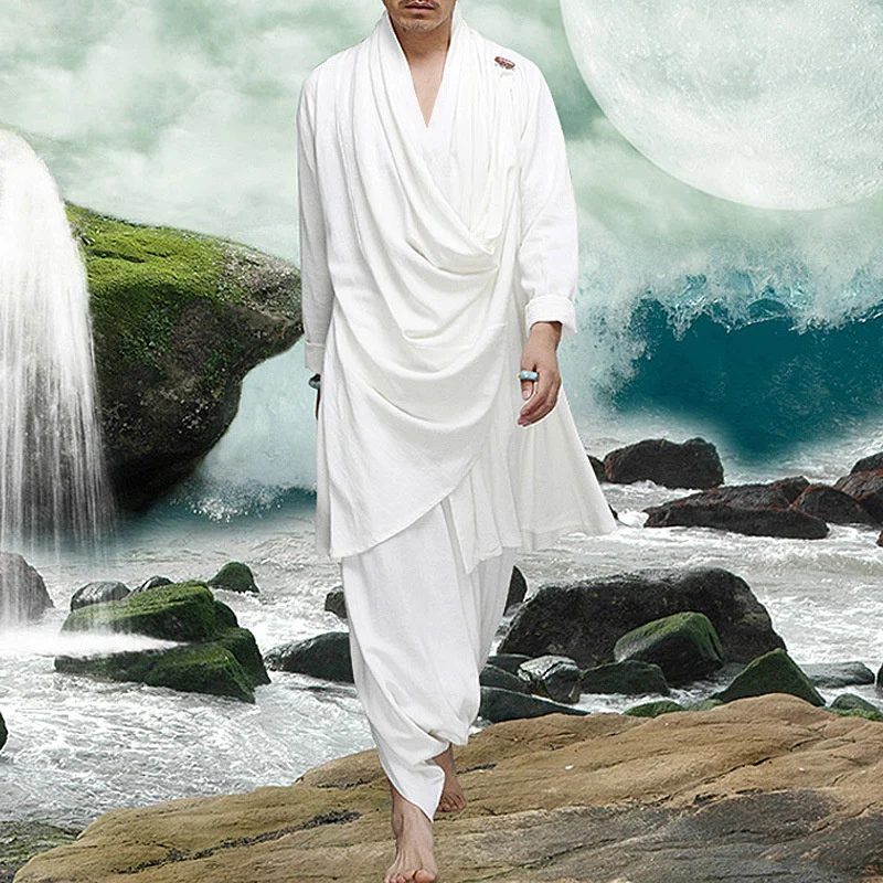 

Cotton Hemp Cloth Clothes Meditation Home Suit Loose Long Cape Sets National Style China Outdoor Gongfu Taiji Fitness Clothing