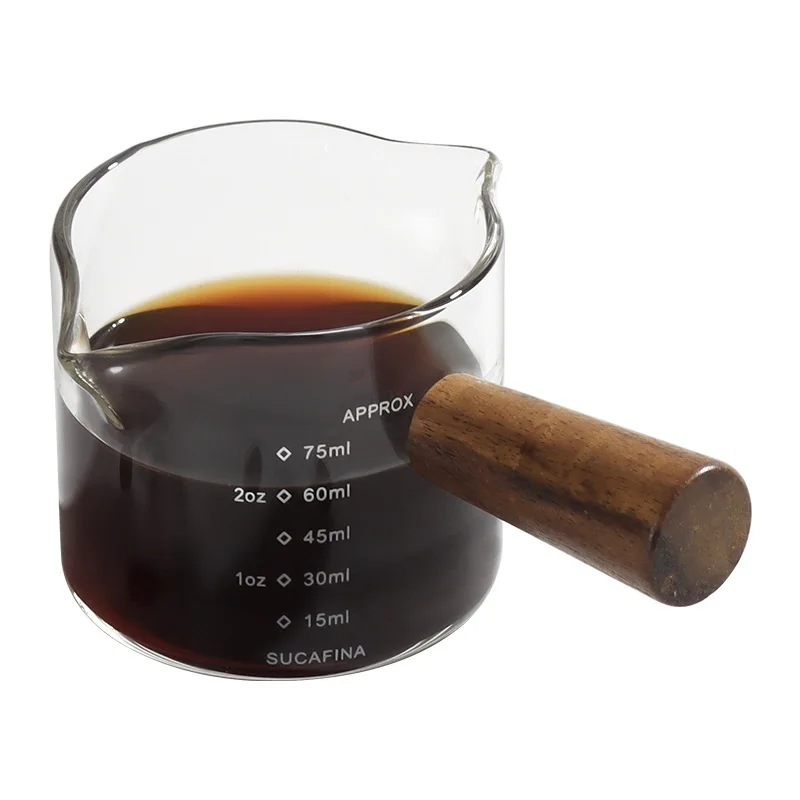 

Espresso Shot Glass 75ML Triple Pitcher Barista Single Spouts With Wood Handle