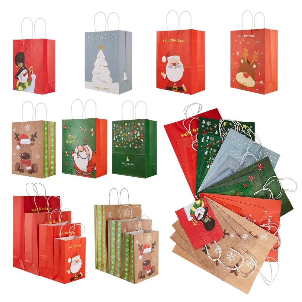 

12pcs kraft Paper Bags Christmas Theme Bags with Handles Shopping Pouches for Christmas Party Gift Wrapping Pouches