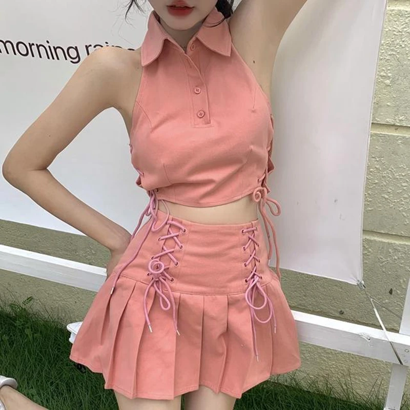 

Summer Hot Girl Sweet Two-piece Suit Female 2022 New Fashion Age-reducing Halter Neck Vest + Pleated Skirt 2-piece Set