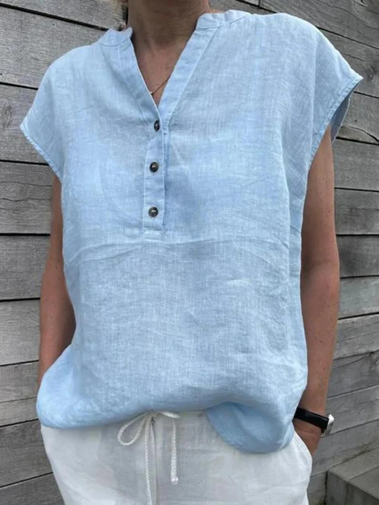 

Summer Simple Sleeveless V-Neck Pullover Tops Ladies Retro Harajuku Solid Color Linen T-Shirts Casual Loose Button Women Blouses