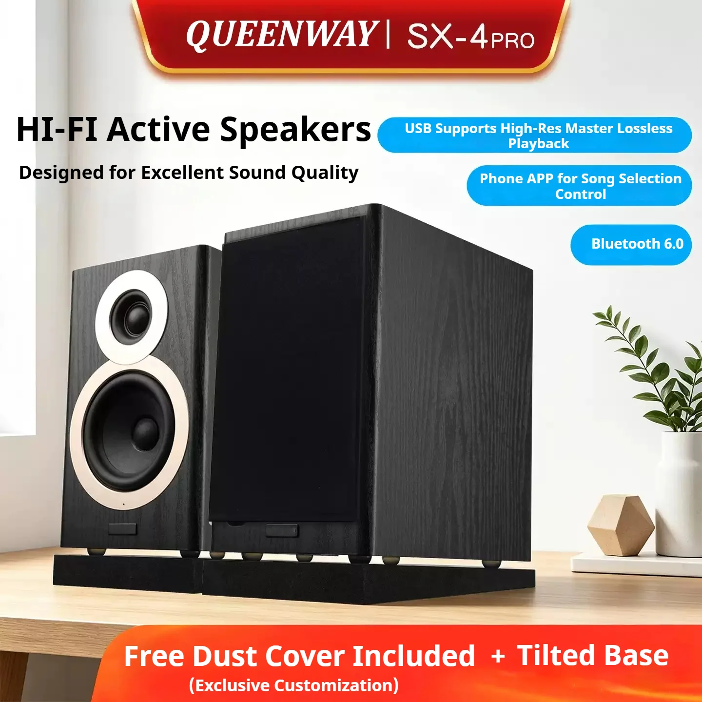 Фото Акустические системы AQ-01 SX-4 HiFi для полок - 4-дюймовые деревянные мониторные колонки с Bluetooth 5.0 и мощным усилителем для ТВ/ПК/игр №5