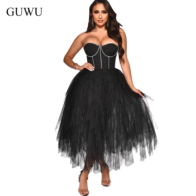

Strapless Diamonds Rhinestone Sexy Bodycon Night Club Women Summer 2022 Backless Peplum Flounce Cascading Ruffles Solid Dresses