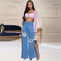 streetwear fashion ripped jeans new ladies casual flared denim trousers loose chic wide leg trend pants female sexy cowboy