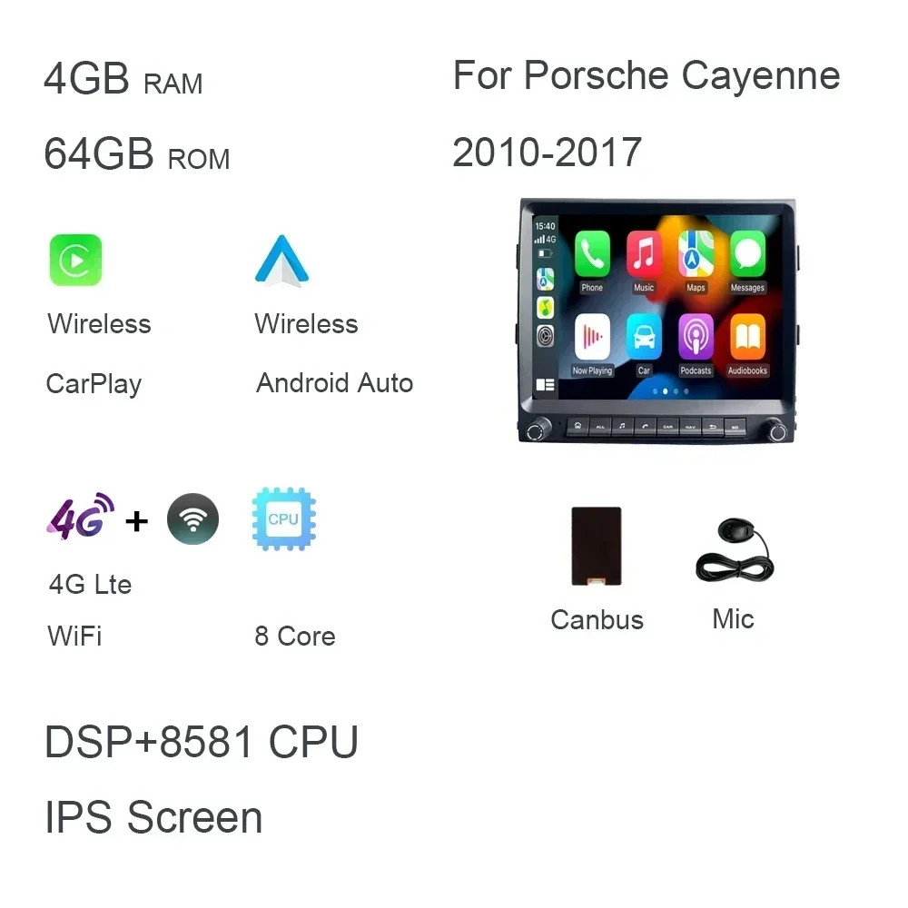 

Carplay DSP Автомобильный DVD-плеер Android 14.0 8 ядер 8 ГБ + 256G Радио GPS Wi-Fi мультимедиа для PORSCHE Cayenne 955 957 958 2011-2017 2 din