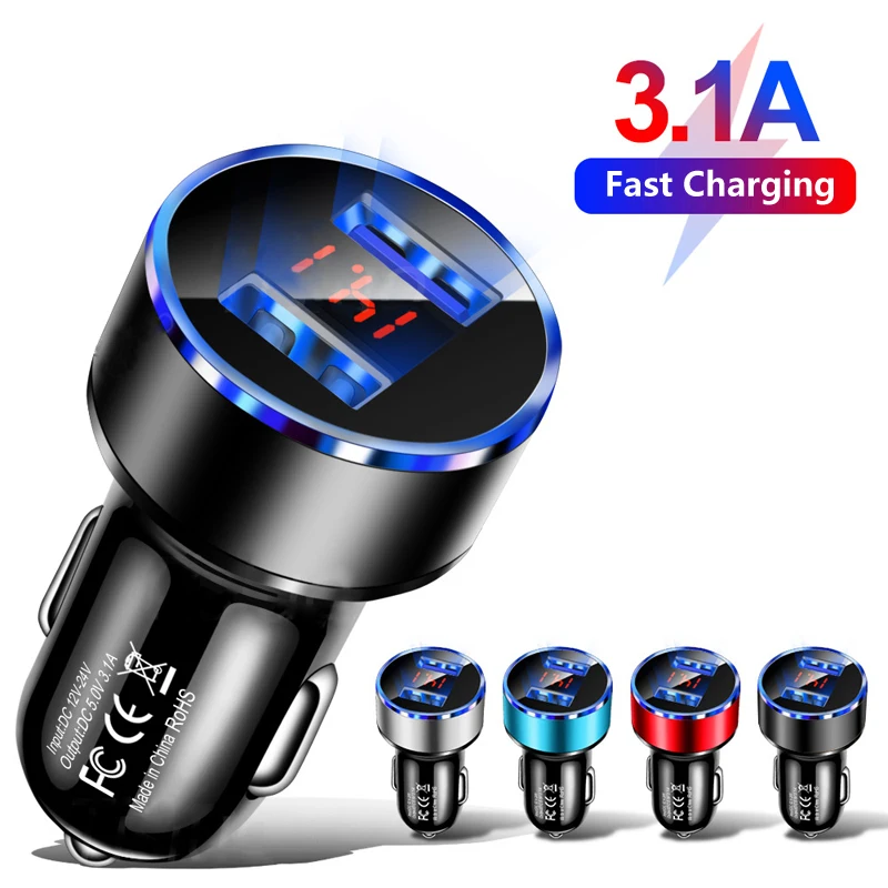 

3.1A Dual USB Car Charger 2 Ports LCD Display Cigarette Socket Lighter Car Charger Adapters for iphone samsung xiaomi huawei etc