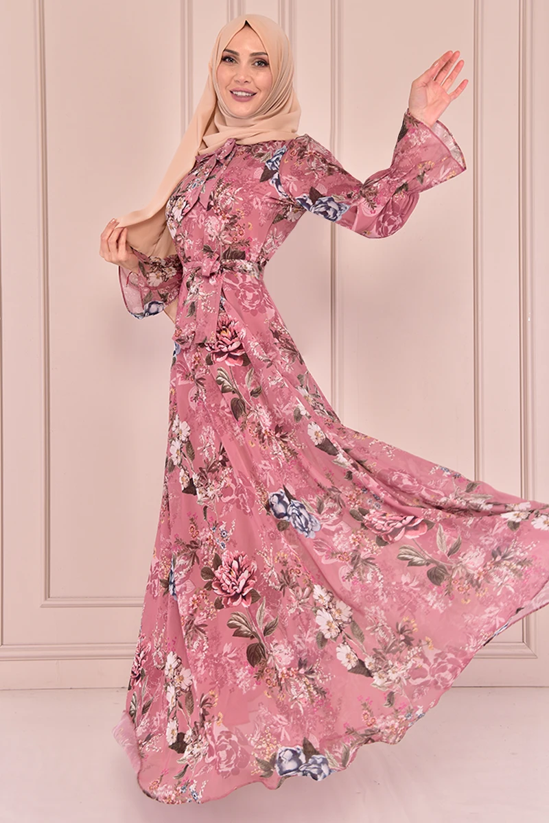 Шифоновое платье с цветочным рисунком розового цвета Kurusu VBR7353