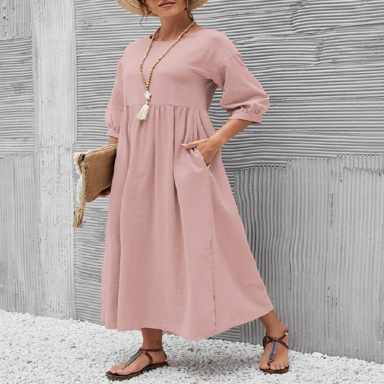 

Women's Cotton Linen Dress 2022 New Summer Fashion Stitching Ladies Skirts Lantern Sleeve Loose Pocket Solid Dresses Femel Robe