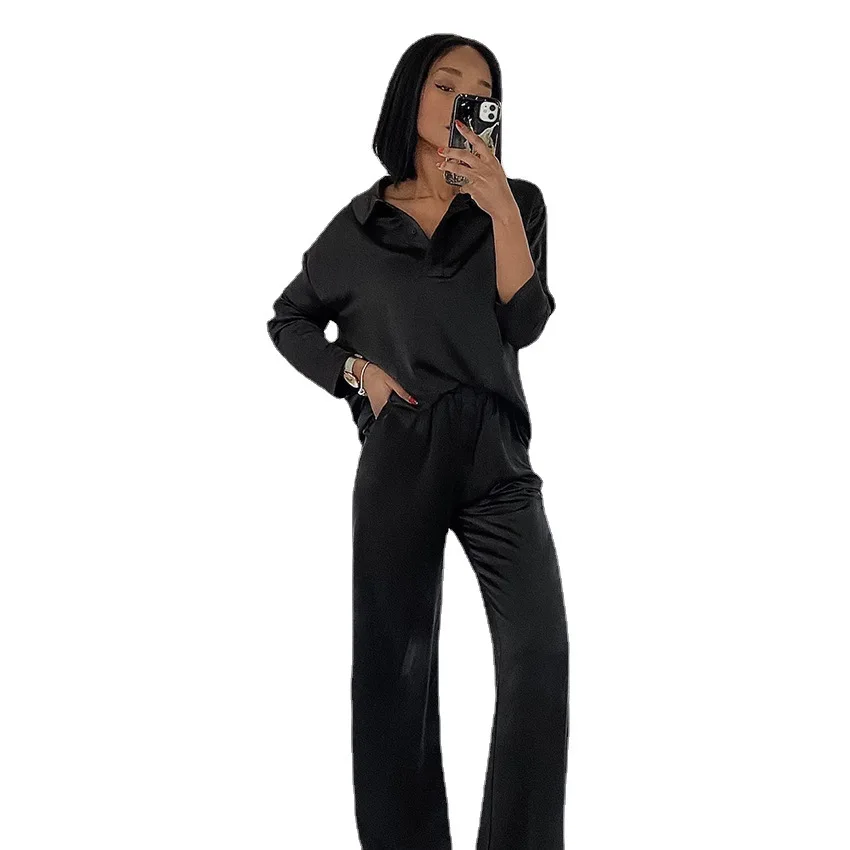2022 black casual and comfortable ladies pajamas set simple loose can be worn solid color summer ice silk home clothes
