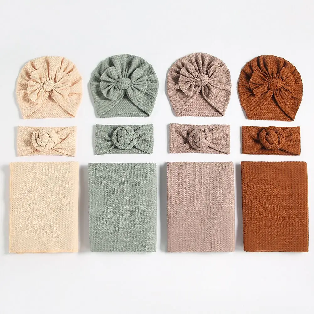 

Baby Hat Set Waffle Bow Blanket Combination Children's Hairband Breathable Solid Color Soft Cotton Swaddle