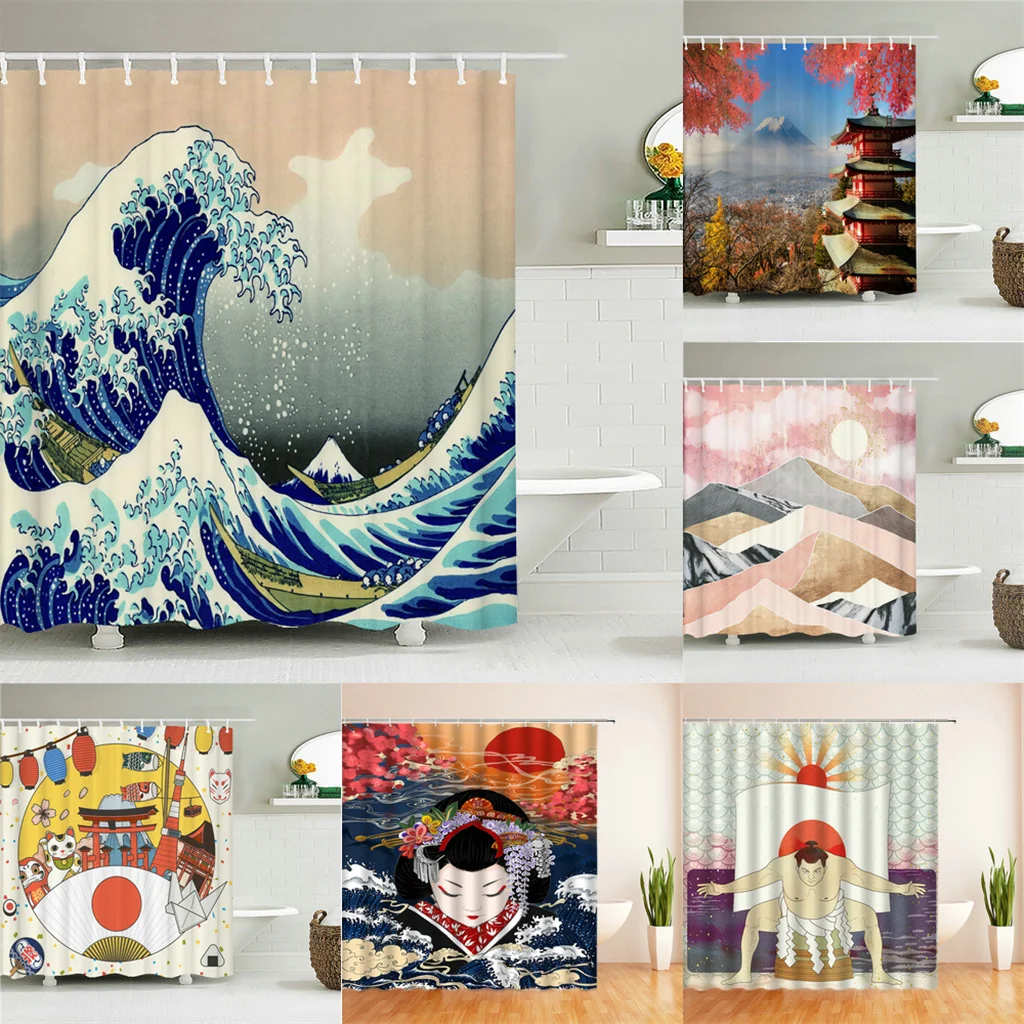 

Japanese-style Geisha Sumo Wrestling Printing Waterproof Shower Curtains Transparant Plastic For Bathroom Set Fabric Hooks Rings