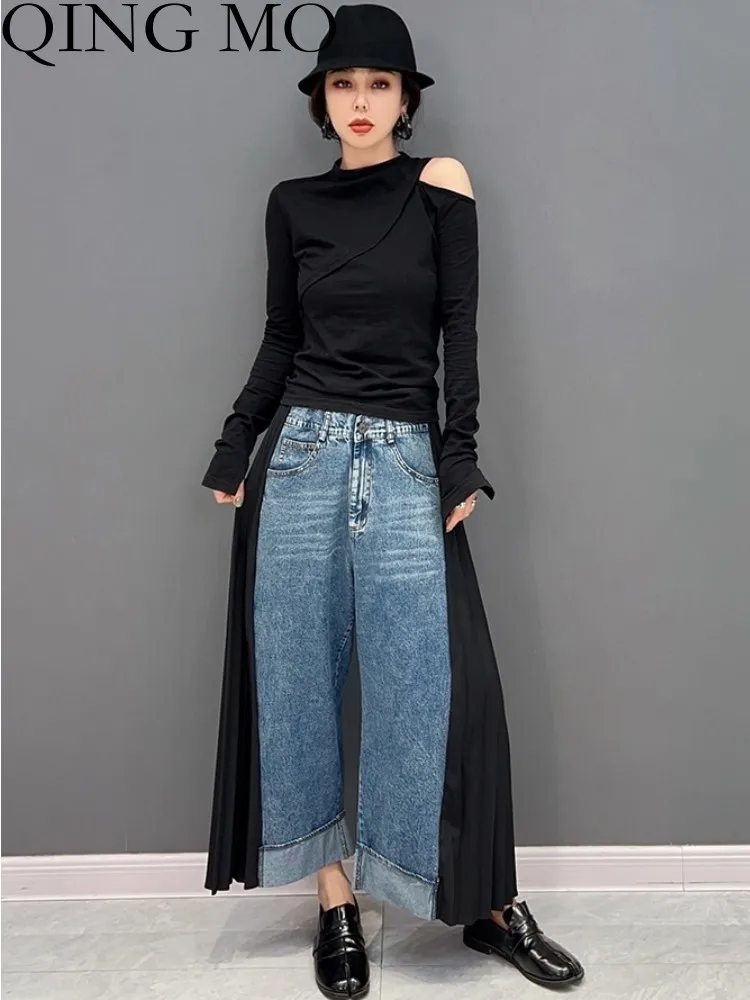 

QING MO Women Denim Splicing Pleats Wide Leg Pants Loose Personality Retro Color Blocking Trousers 2023 Spring Autumn ZXF2348