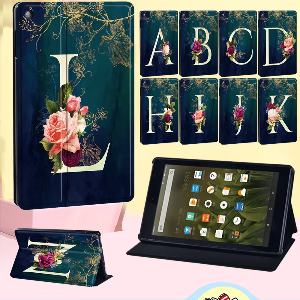 

Shockproof Tablet Cover Case for Fire HD 8 Plus 2020/Fire 7/HD 8/HD 10 Flowers 26 Letters Pattern Leather Flip Protective Shell