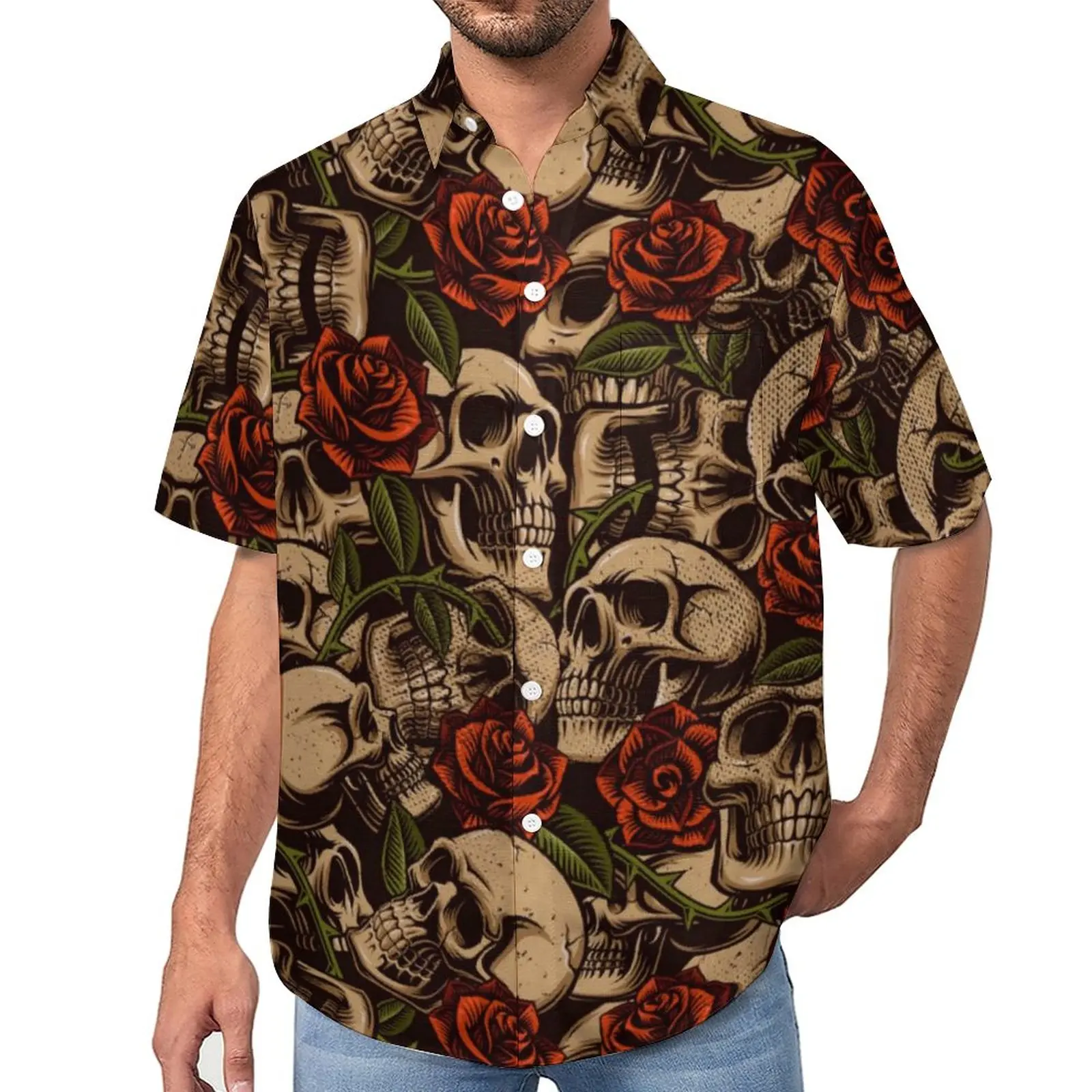 

Suger Skull Print Beach Shirt Red Roses Summer Casual Shirts Man Trendy Blouses Short Sleeve Printed Clothing 3XL 4XL