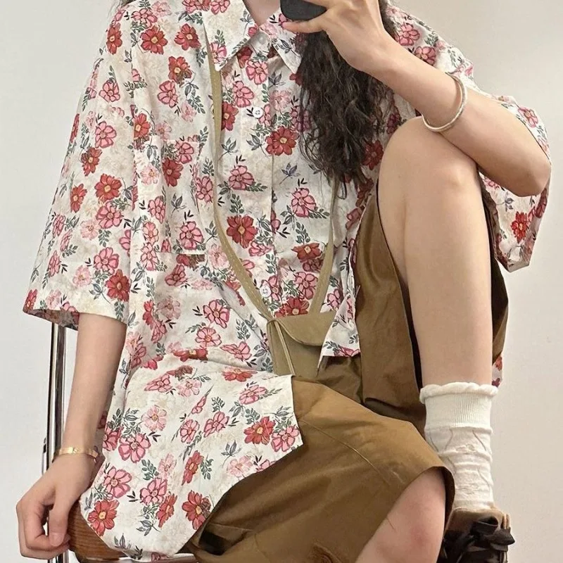 Японские Аниме милые рубашки с цветами парные унисекс блузка большого размера