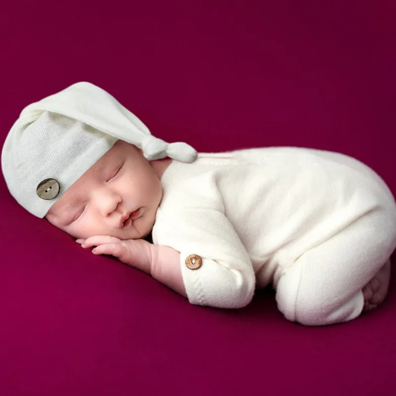 Dvotinst Newborn Photography Props Cute Soft Button Outfits Hat 2 Pieces Fotografia Accessories Studio Shooting Photo Props