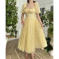 elegant yellow short sleeve tulle evening dresses for party elegant a line flower ankle length cocktail dress 2022 or women