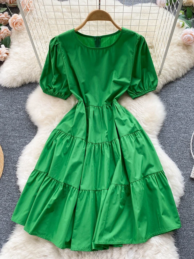

Женское винтажное платье с круглым вырезом, зеленое/розовое/желтое однотонное платье-мини с пышными рукавами, клубничное платье с милой сво...