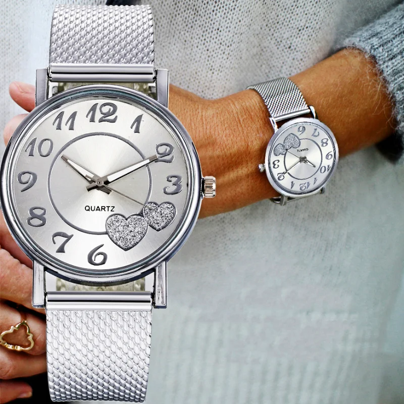 Casual Fashion Mesh Strap Heart Shaped Watch Peach Heart Women's Watch Steel Strap Couple Quartz Watches Trendy Couple Watches