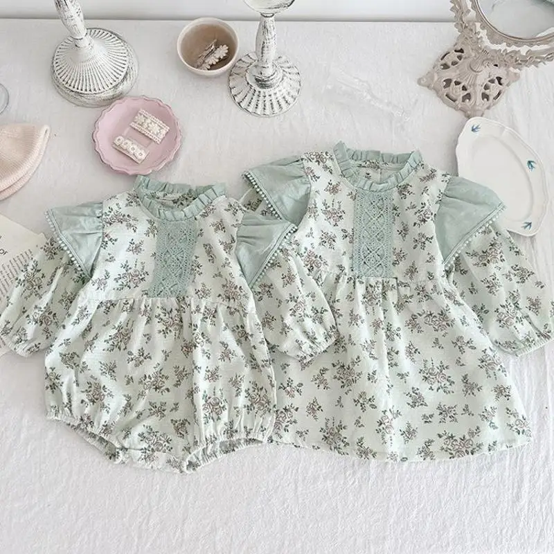 

Girl Baby Spring Floral Long Sleeves Lace Bodysuit Sweet Patch Soft Crawlwear Infant Girls New Cotton Sister Jumpsuit One Piece