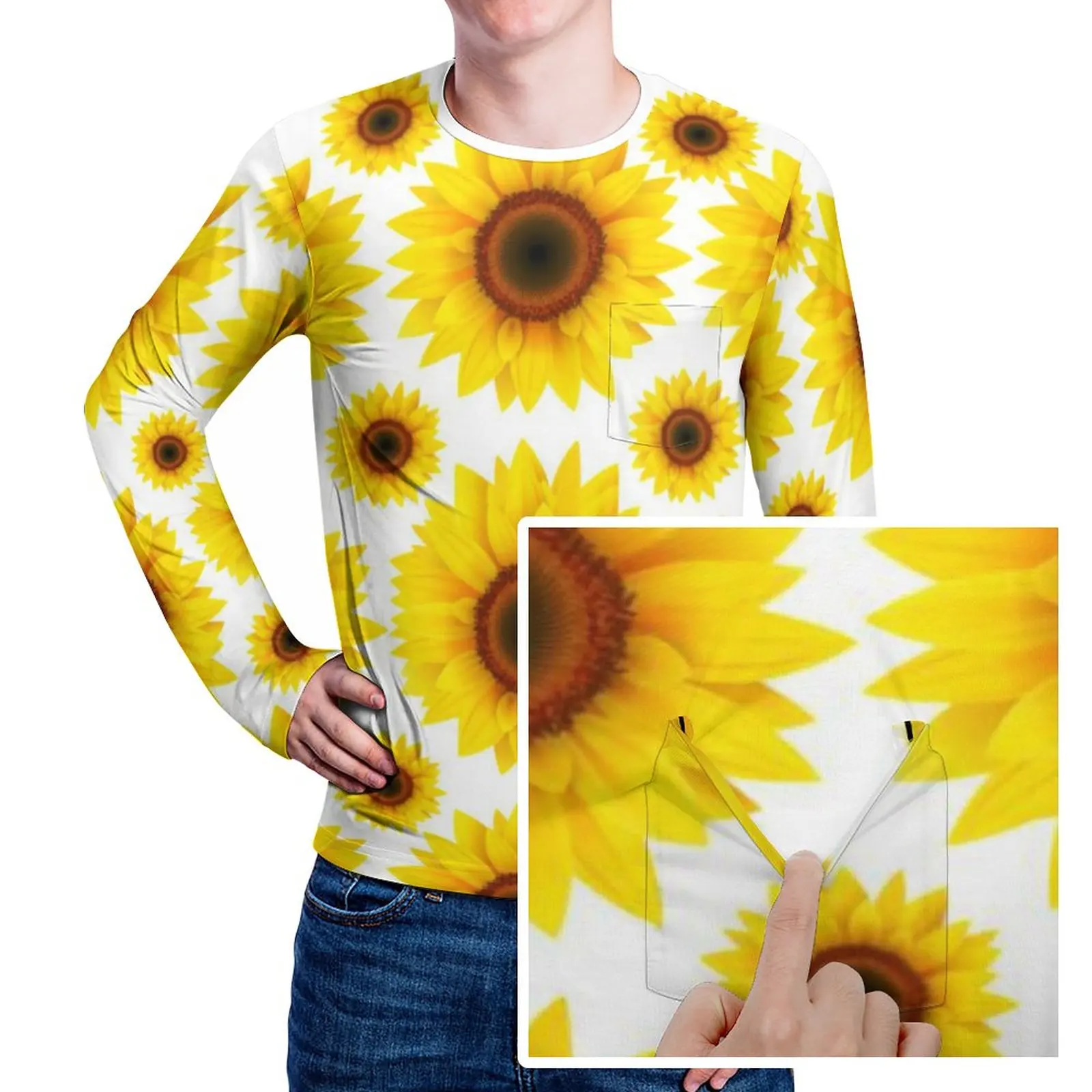 

Веселая футболка с подсолнухом, желтые принтом в виде цветов подсолнуха, новинка, футболки с карманом, с длинным рукавом, графическая футбол...