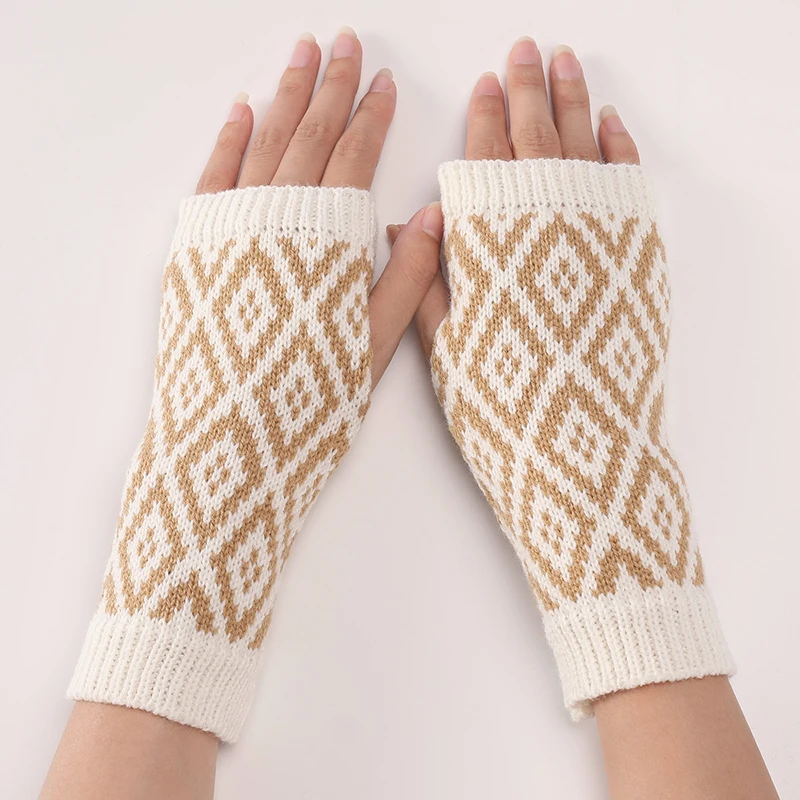 

Fashion New Diamond Patchwork Fingerless Woman's Gloves Men Outdoor Winter Wool Knitted Half Finger Mittens for Cycling Driving