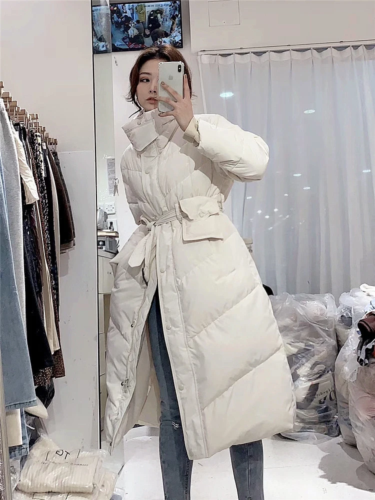 New 2023 Winter Fashion Duck Down Coat & Jacket for Women Stand Collar Turtleneck Long Parkas Yellow Cream Black Windbreaker XXL