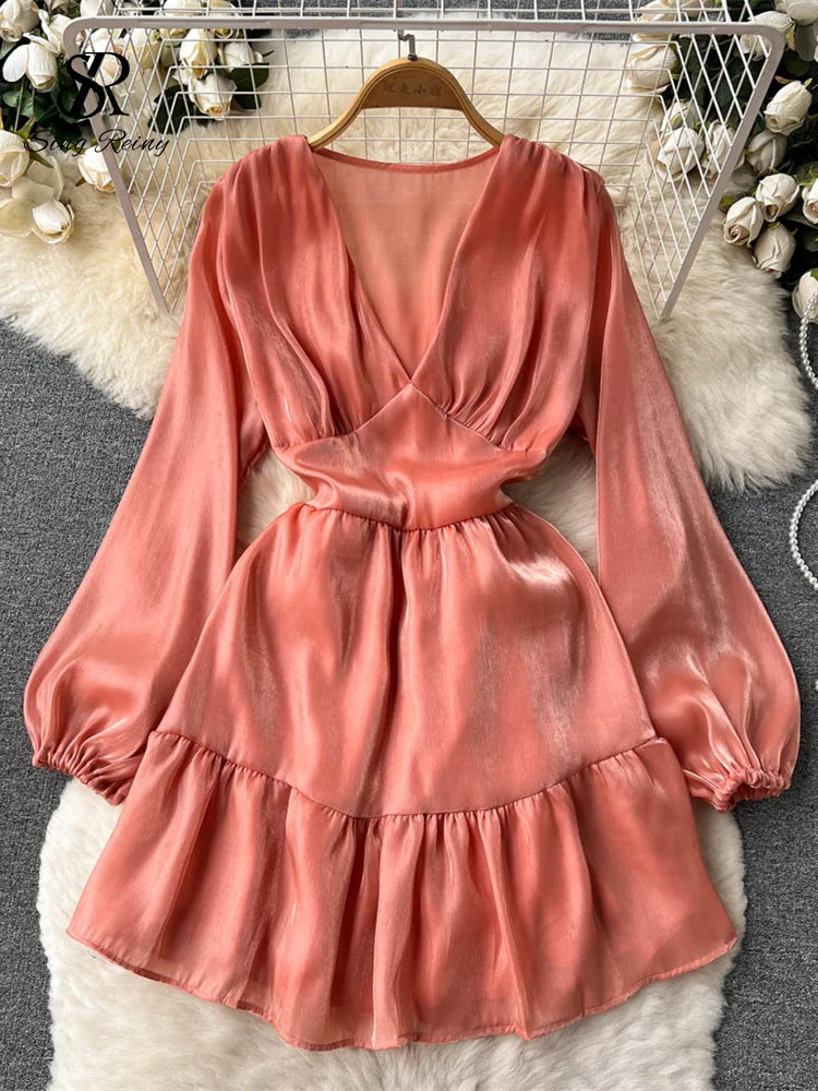 

LIRUICHENG Chiffon Dress Summer 2022 Women Long Sleeves V Neck Slim French Style Evening Party Ladies A Line Midi Dresses