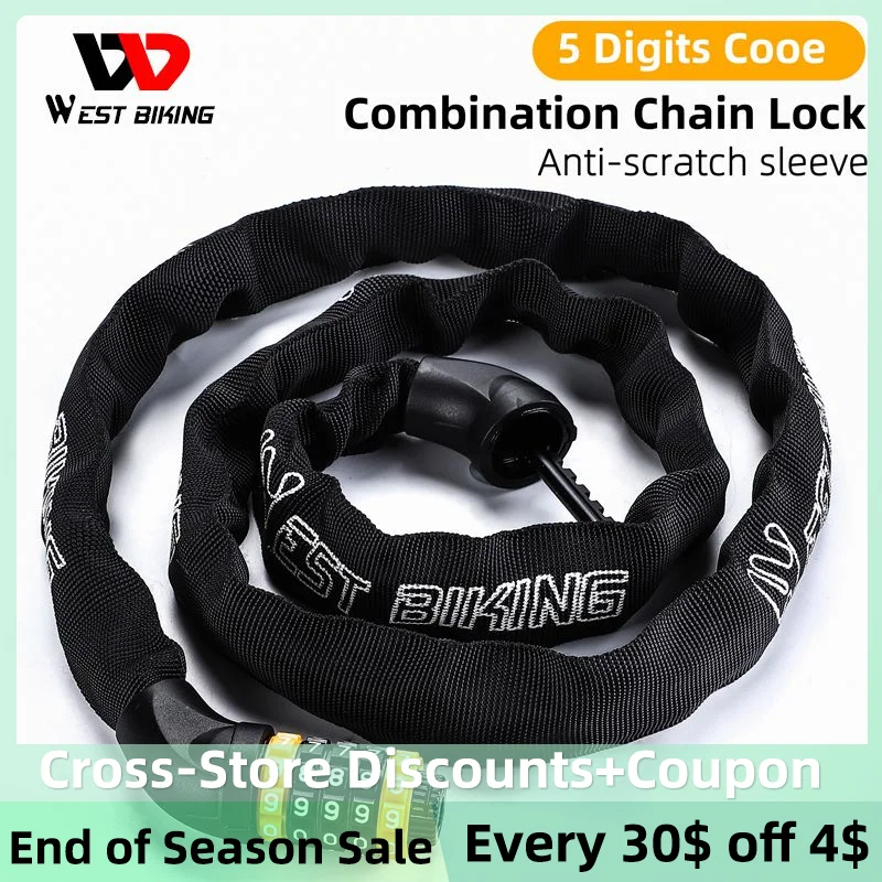 

WEST BIKING Bike Chain Lock 5 Digit Code Combination Anti-Theft Bicycle Lock 65-150cm Multi-length Motorcycle Ebike Accessories