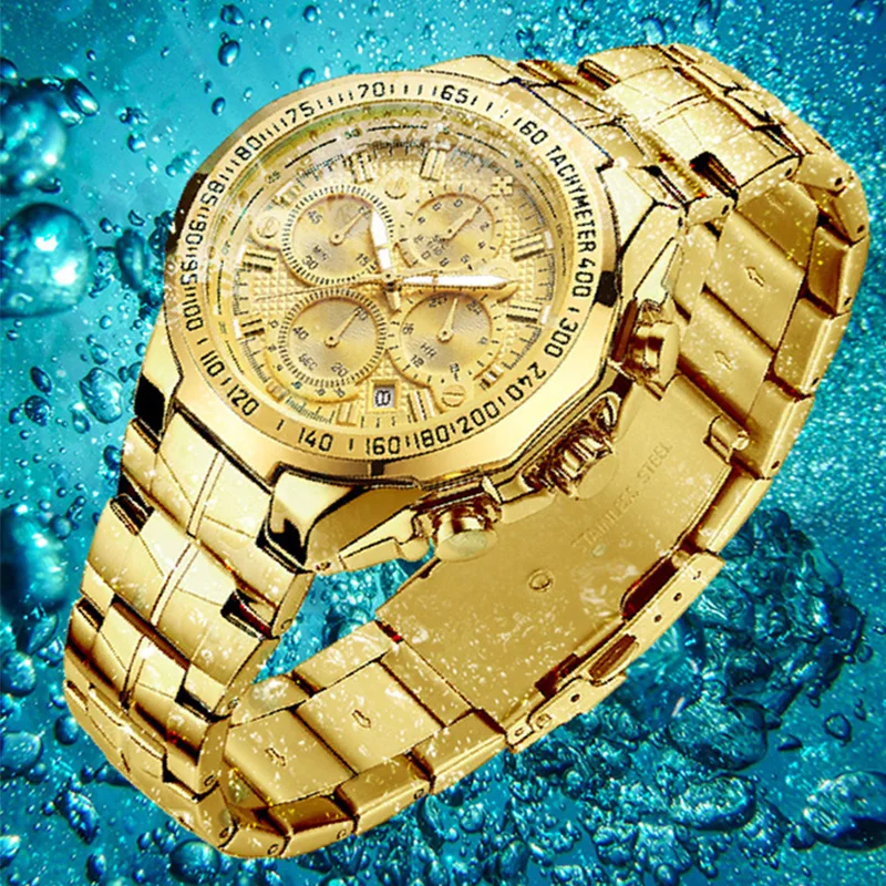 Luxury Wrist Watches For Men Gold Big Golden Male Chronograph Wristwatch Man 4
